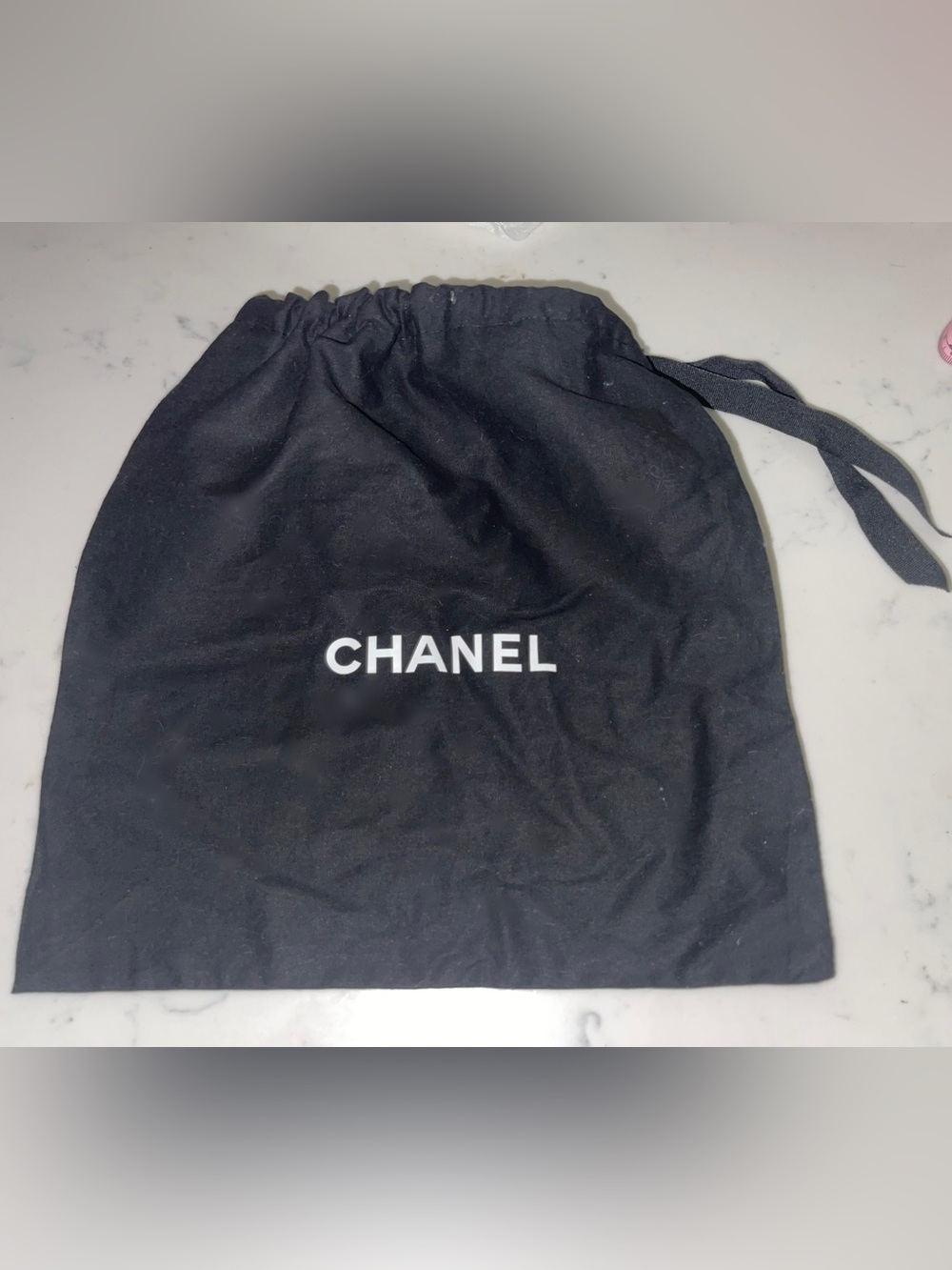 CHANEL Black Dust Bag with White Logo Drawstring